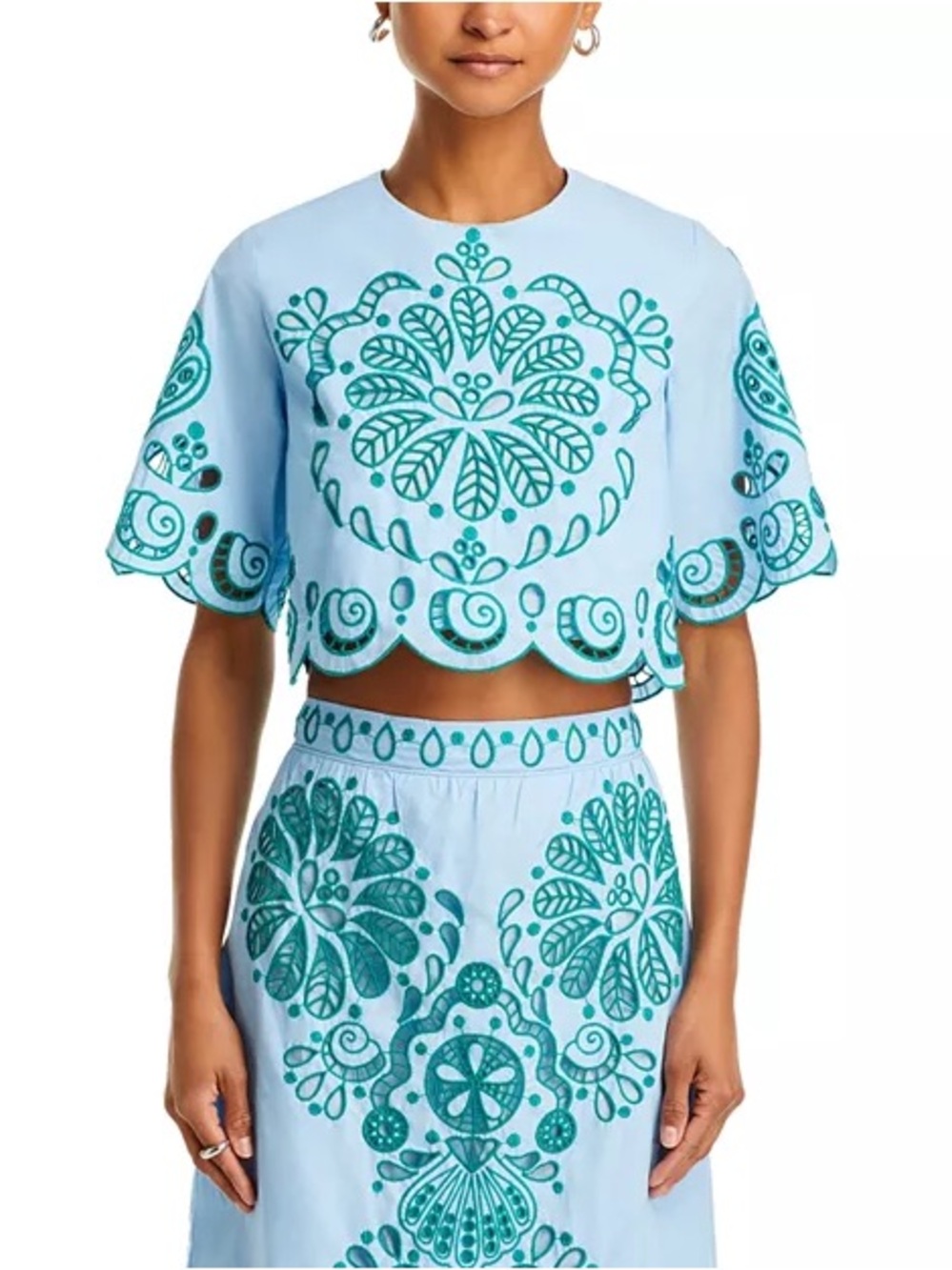 FARM Rio 2-Piece Embroidered Richelieu Crop Top and Midi Skirt Set Blue Green - Picture 5 of 16